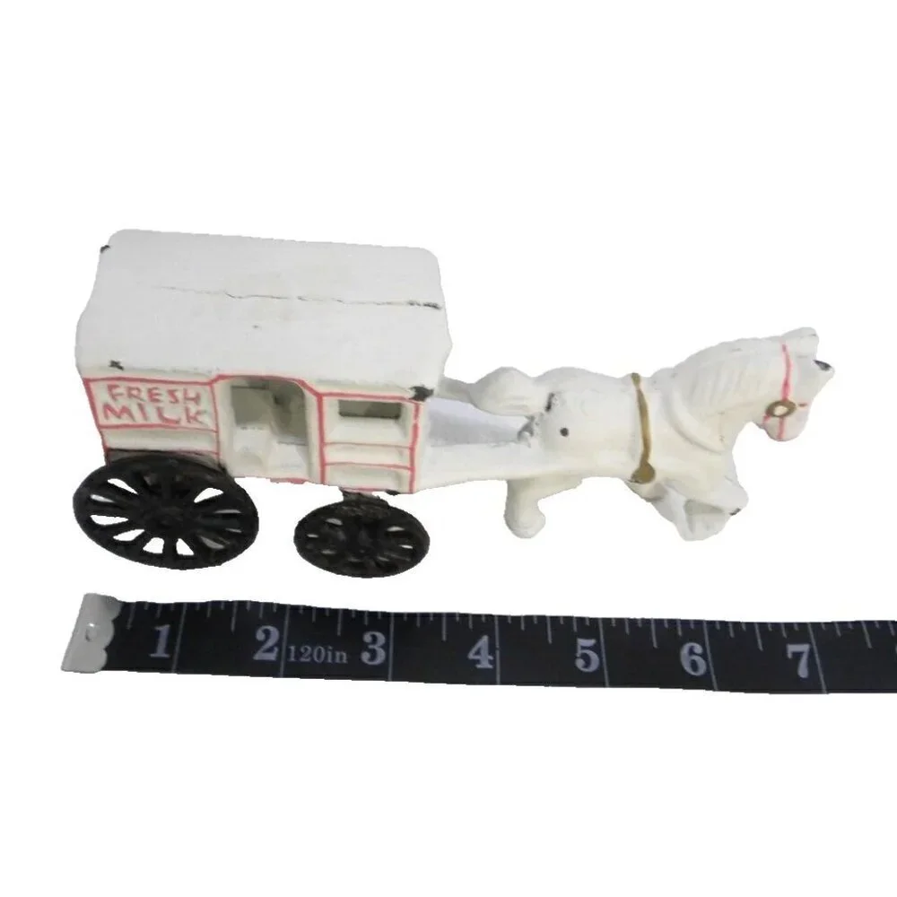 Painted Cast Iron vintage horse and Fresh Milk cart 7